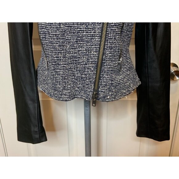 Theory Black & White Tweed Zip-Up Moto Jacket Lamb Leather Sleeves, Size 6 - Picture 3 of 12